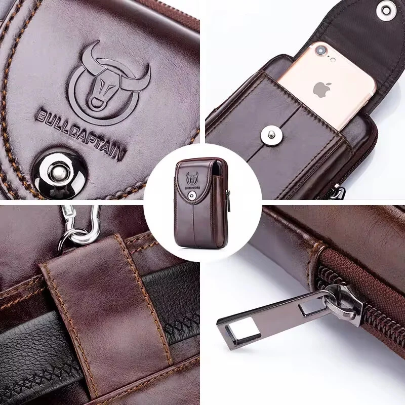 (image for) BULLCAPTAIN Genuine Leather Waist Pack Mens Small Fanny Belt Bag Travel Phone Pouch Male Work Leather Waist Bag